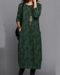 Robe longue fleurie femme à manches longues et poches, coupe ample, vert
