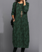 Robe longue fleurie femme à manches longues et poches, coupe ample, vert