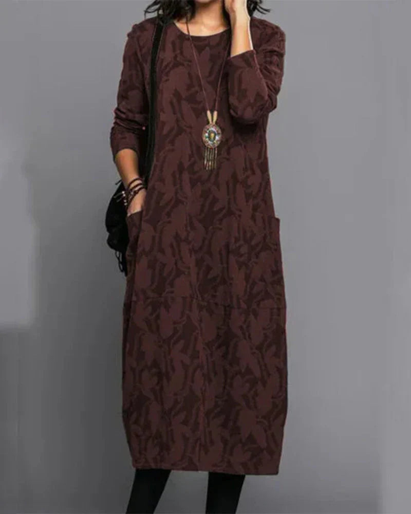 Robe longue fleurie femme à manches longues et poches, coupe ample, rouge