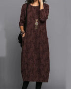 Robe longue fleurie femme à manches longues et poches, coupe ample, rouge