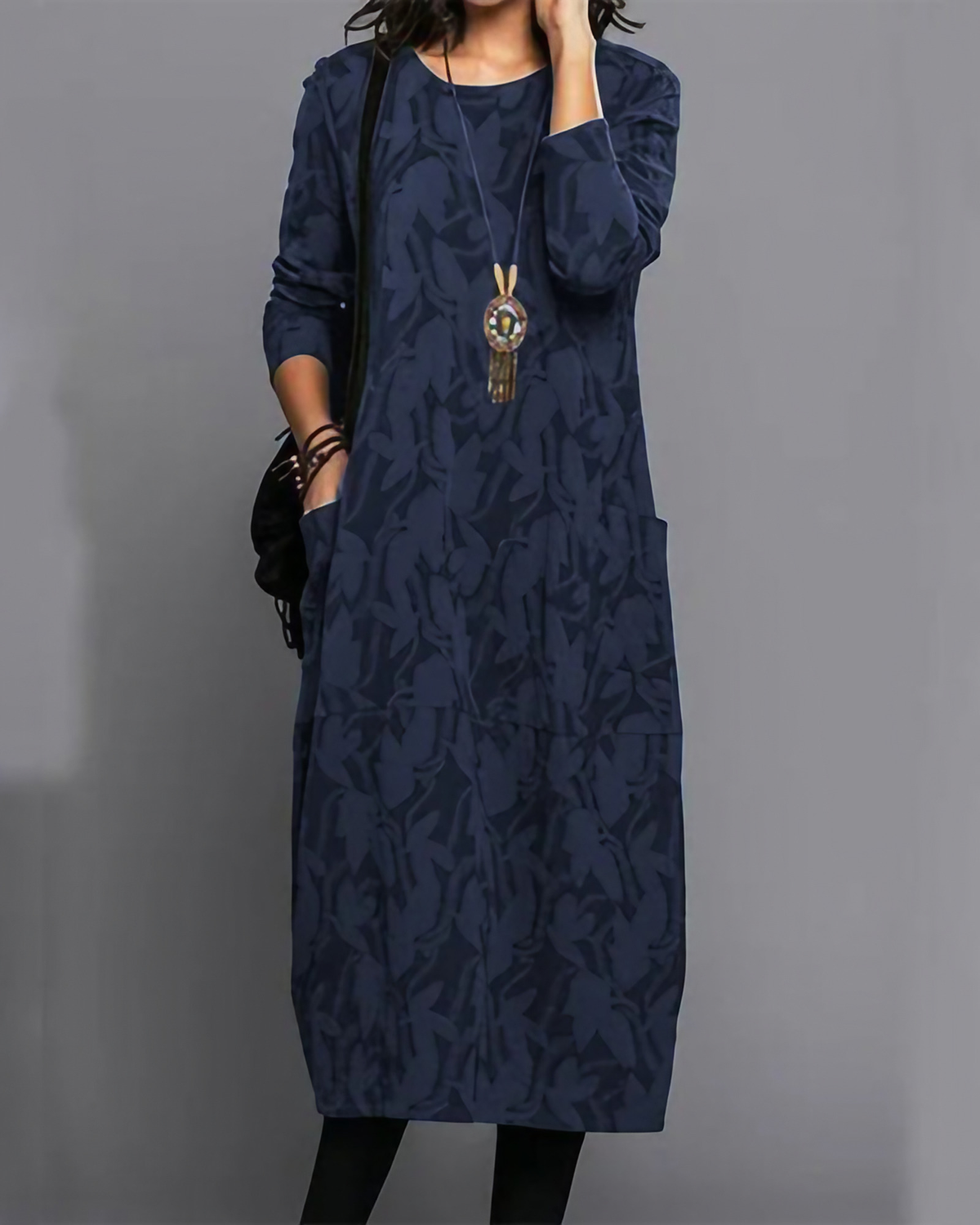 Robe longue fleurie femme à manches longues et poches, coupe ample, bleu