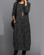 Robe longue fleurie femme à manches longues et poches, coupe ample, noir