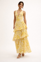 Robe longue fleurie femme col V, jupe superposée à volants, jaune