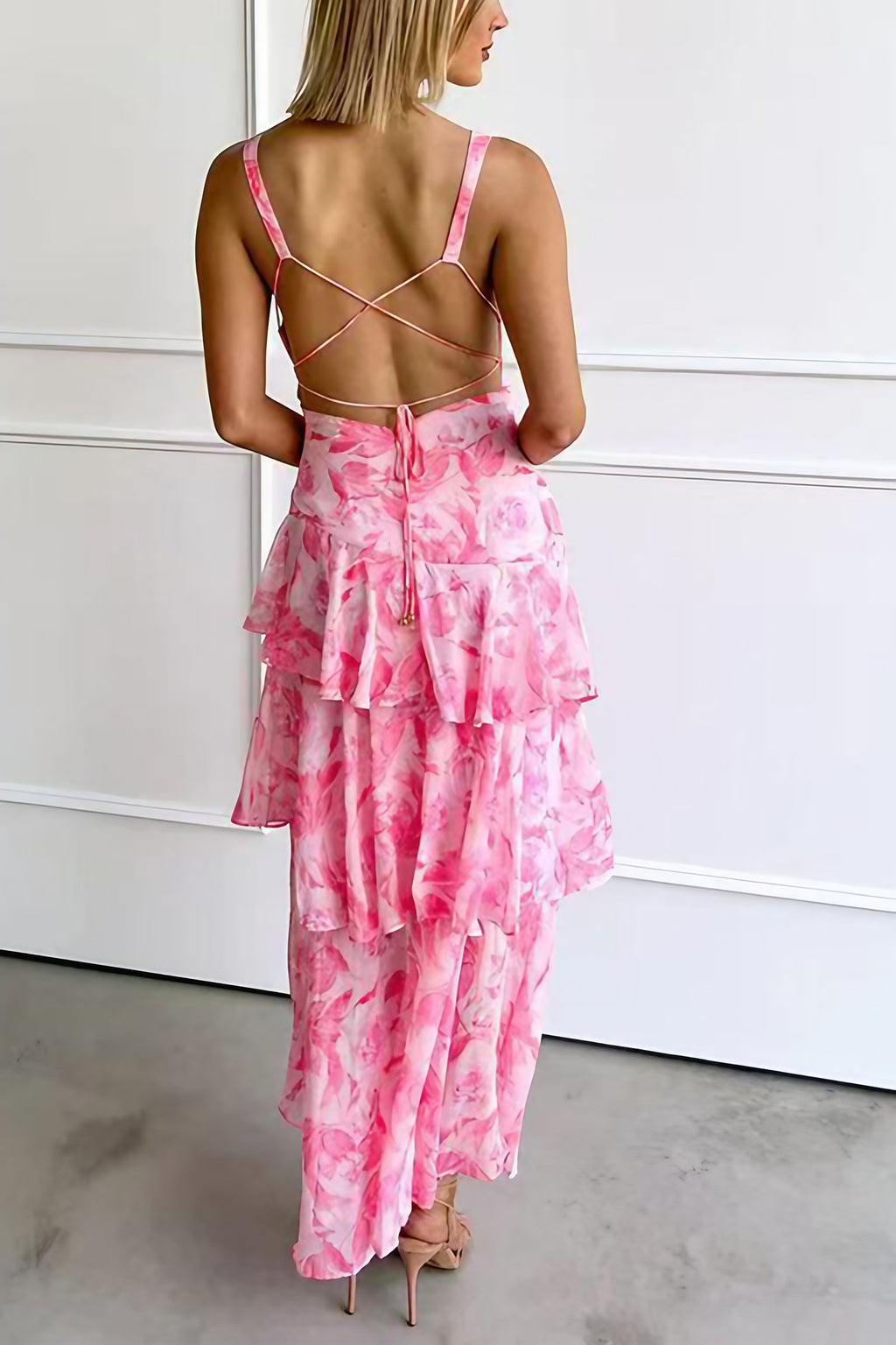 Robe longue fleurie femme col V, jupe superposée à volants, rose
