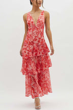 Robe longue fleurie femme col V, jupe superposée à volants, orange