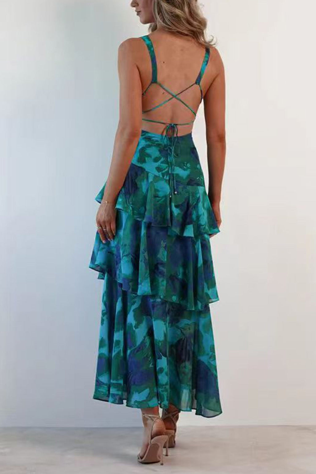 Robe longue fleurie femme col V, jupe superposée à volants