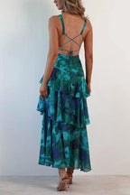 Robe longue fleurie femme col V, jupe superposée à volants