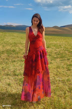 Robe longue fleurie femme col V, jupe superposée à volants, rouge