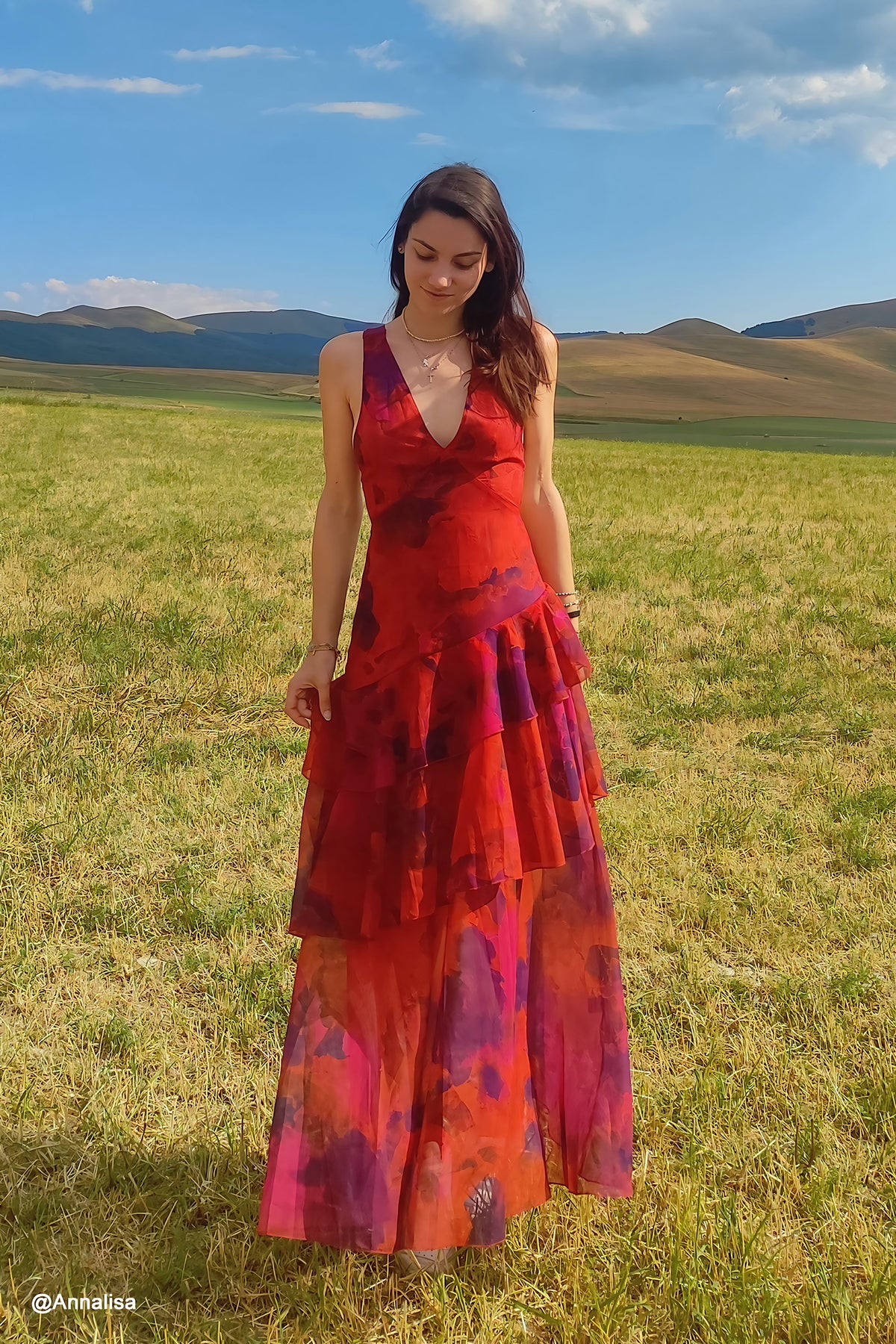 Robe longue fleurie femme col V, jupe superposée à volants, rouge