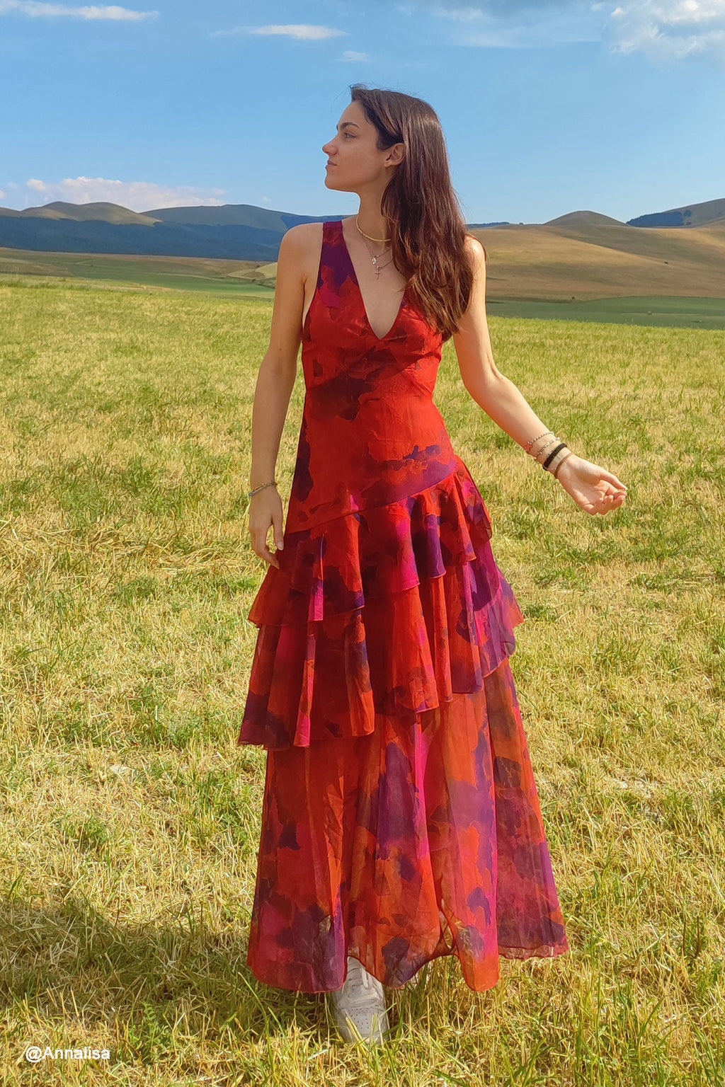 Robe longue fleurie femme col V, jupe superposée à volants