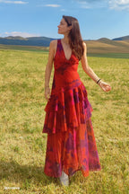 Robe longue fleurie femme col V, jupe superposée à volants