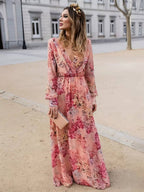 Robe longue fleurie rose sans manches, col V, jupe fluide, rose