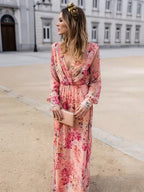 Robe longue fleurie rose sans manches, col V, jupe fluide