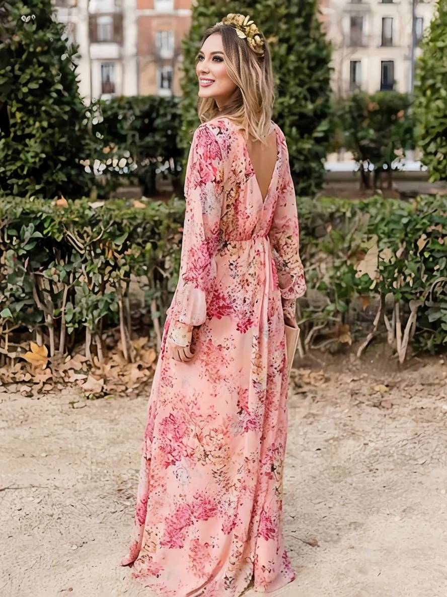 Robe longue fleurie rose sans manches, col V, jupe fluide