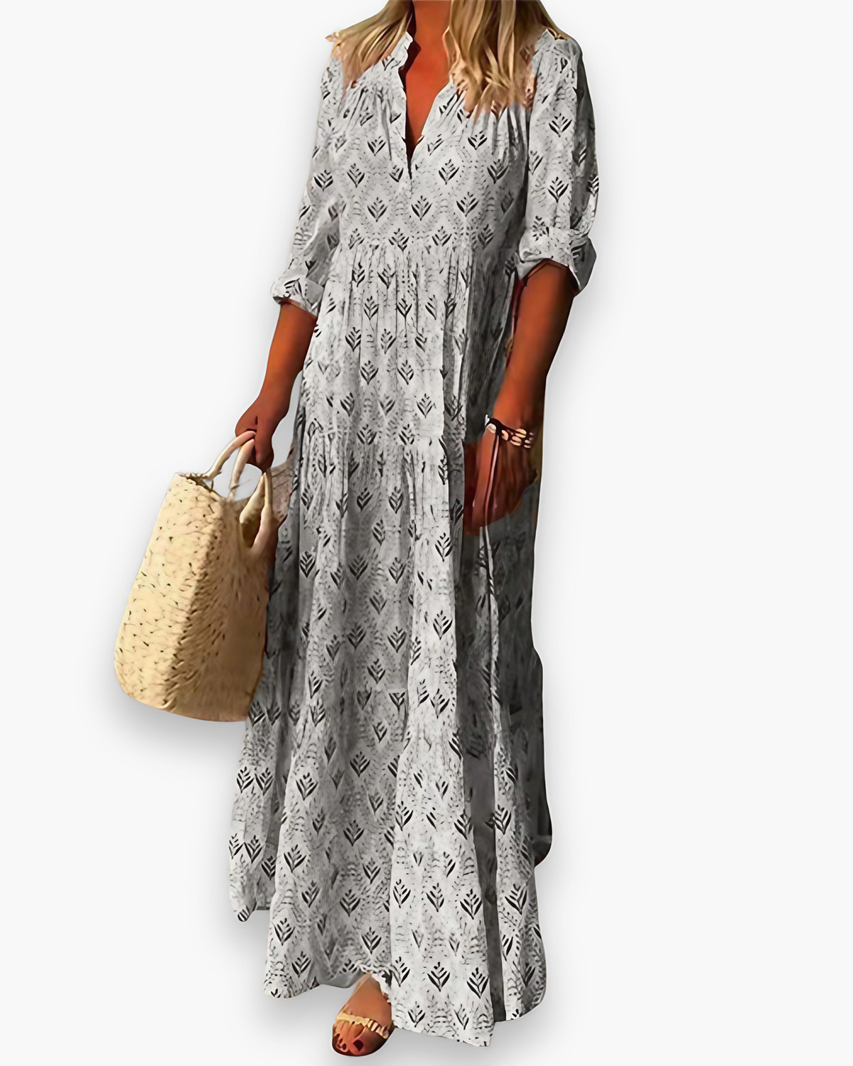 Robe longue fleurie femme col V, esprit bohème, du S au 3XL, gris