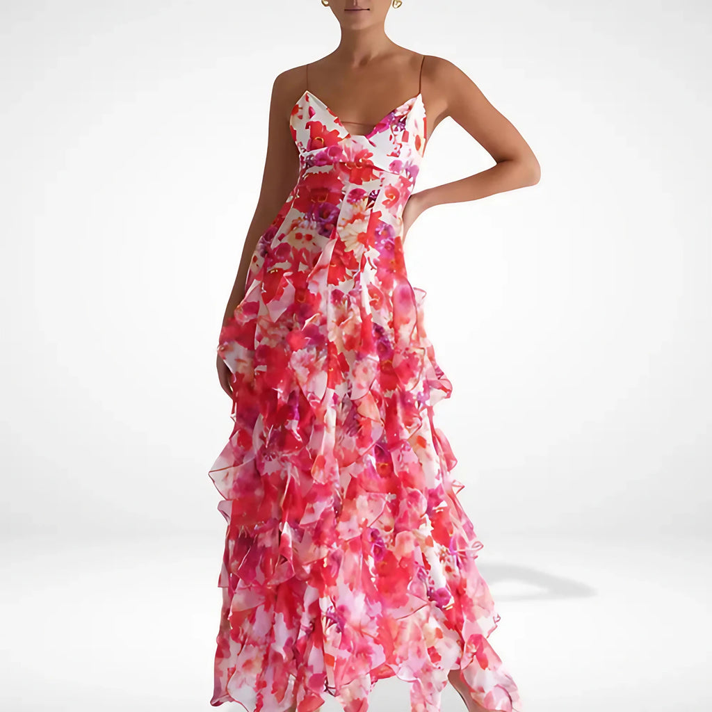 Robe longue fleurie à volants, bretelles fines, du S au 2XL, rouge