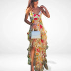Robe longue fleurie à volants, bretelles fines, du S au 2XL, jaune