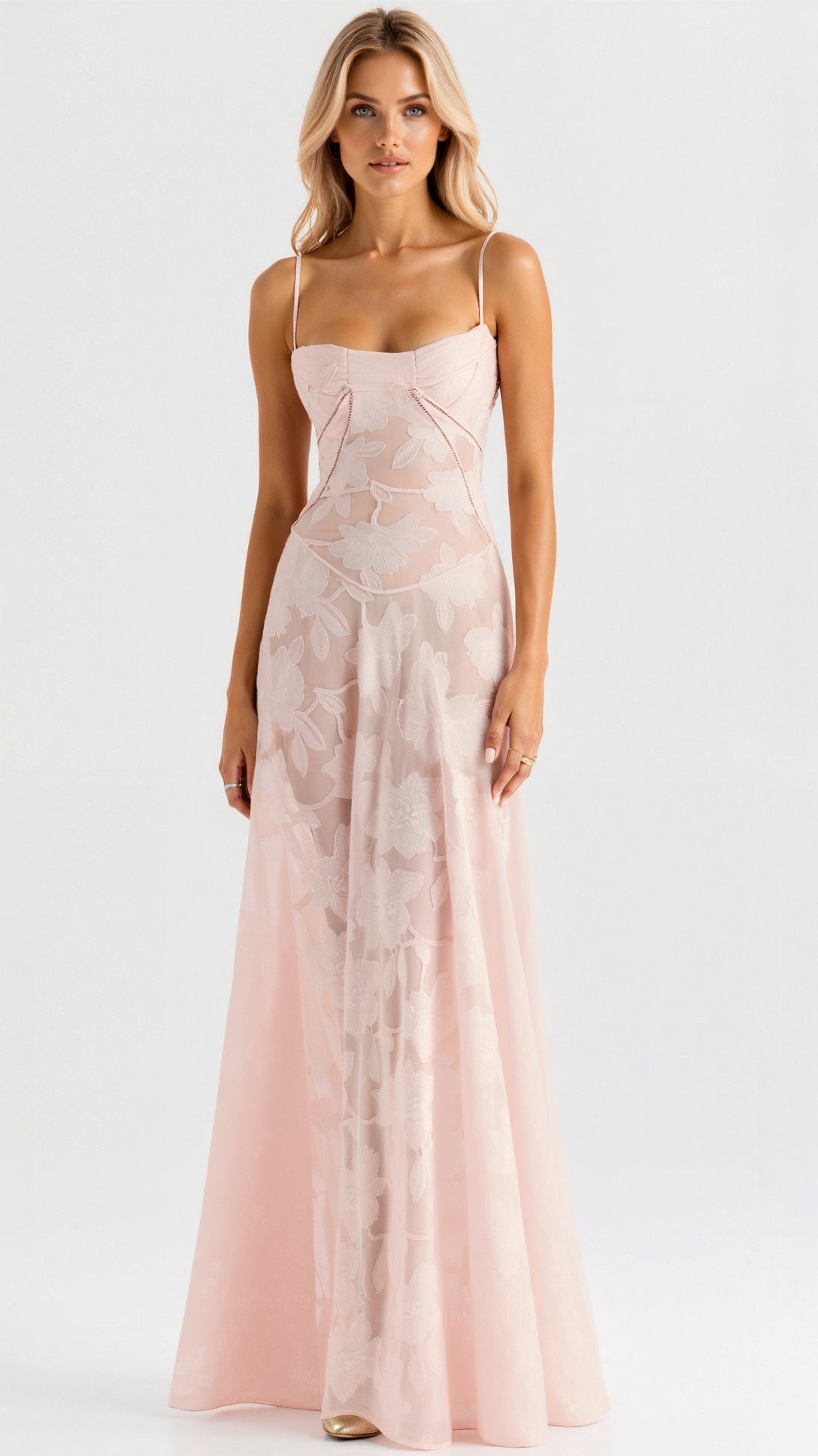 Robe longue fleurie à bretelles fines, coupe évasée, quatre coloris, rose