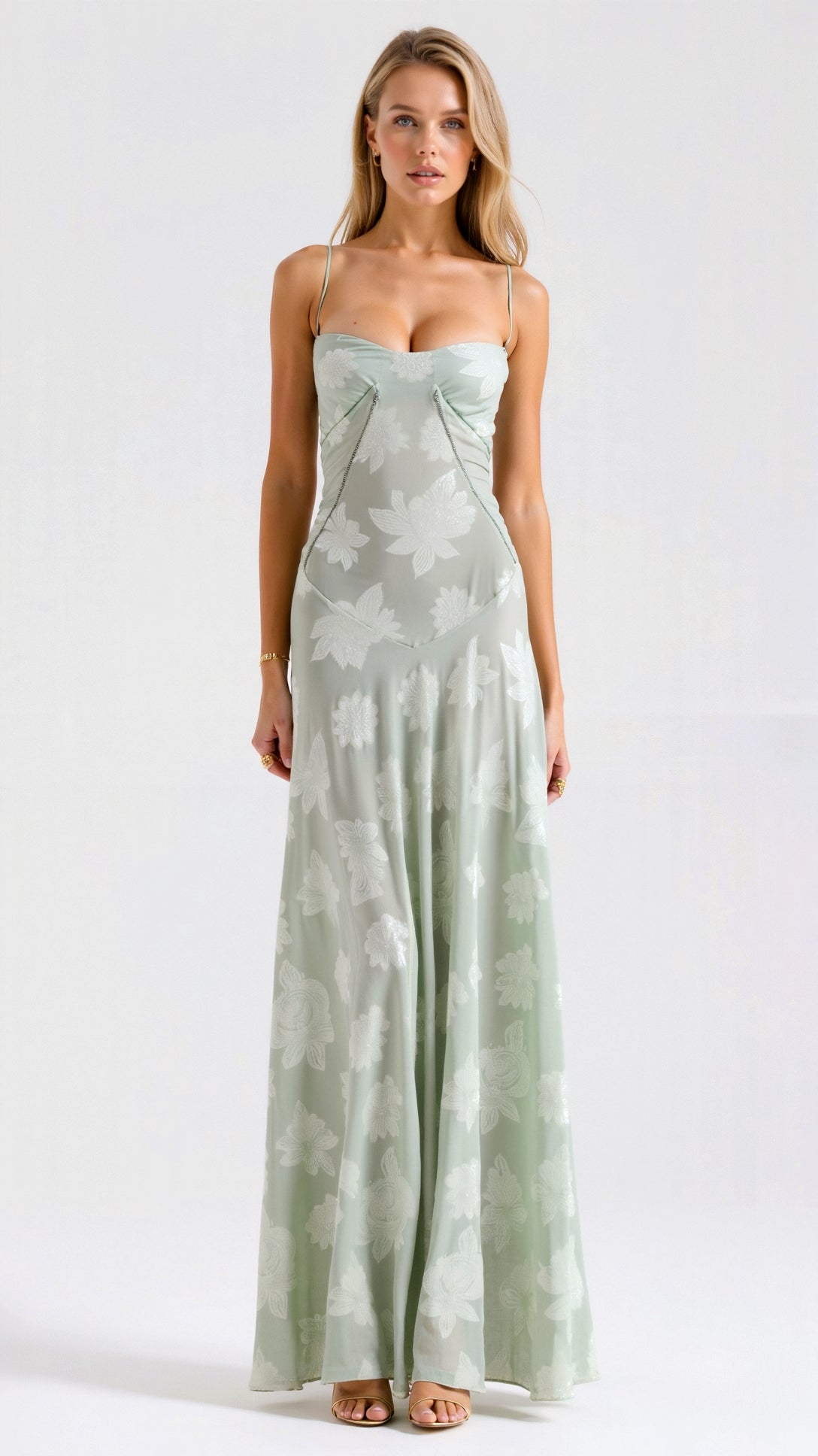 Robe longue fleurie à bretelles fines, coupe évasée, quatre coloris, vert