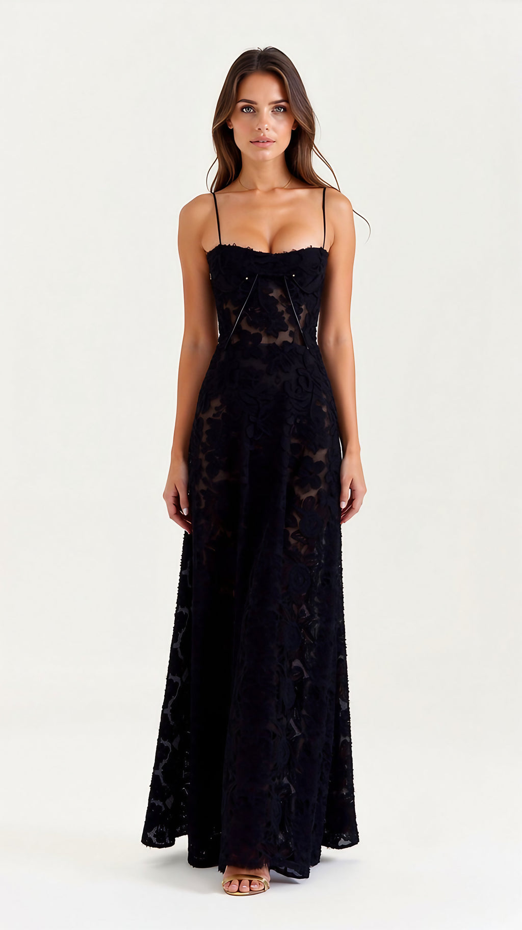 Robe longue fleurie à bretelles fines, coupe évasée, quatre coloris, noir