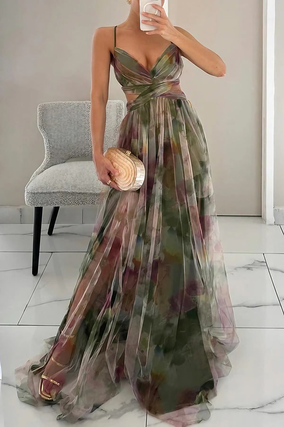 Robe longue fleurie sans manches, dos réglable, du XS au 3XL, vert