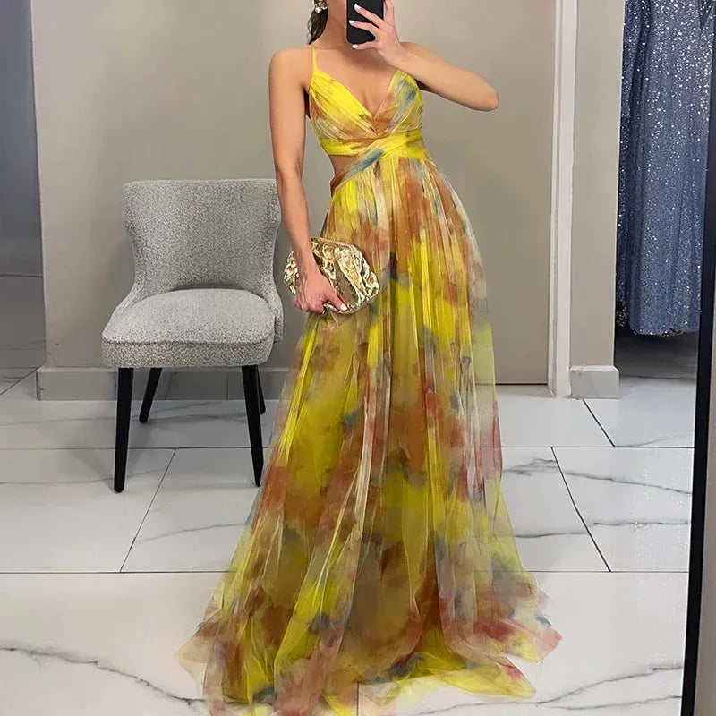 Robe longue fleurie sans manches, dos réglable, du XS au 3XL, jaune
