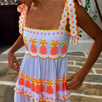 Robe longue bohème brodée, encolure carrée, bretelles à nouer