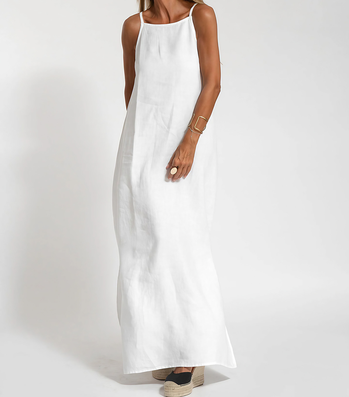Robe longue femme à fines bretelles réglables, coupe droite, blanc