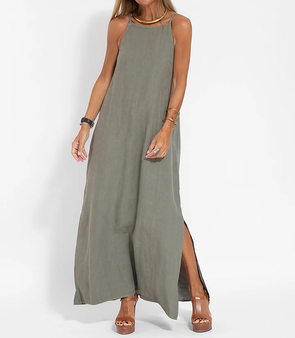 Robe longue femme à fines bretelles réglables, coupe droite, vert