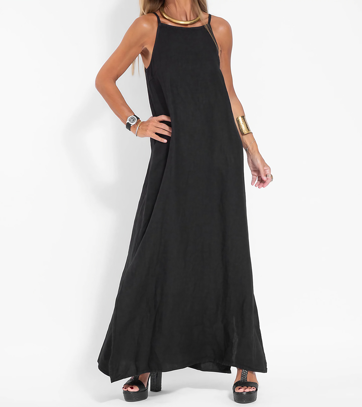 Robe longue femme à fines bretelles réglables, coupe droite, noir