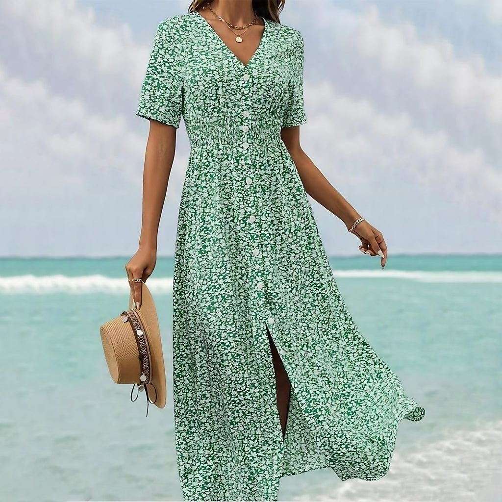 Robe longue fluide verte à col V et manches courtes, vert