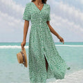 Robe longue fluide verte à col V et manches courtes, vert