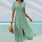 Robe longue fluide verte à col V et manches courtes, vert