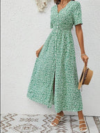 Robe longue fluide verte à col V et manches courtes