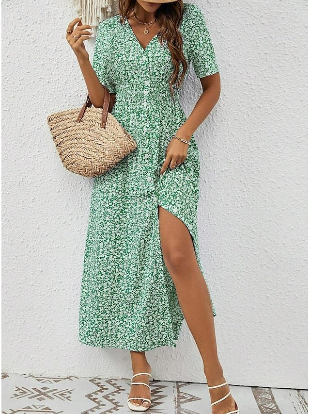 Robe longue fluide verte à col V et manches courtes
