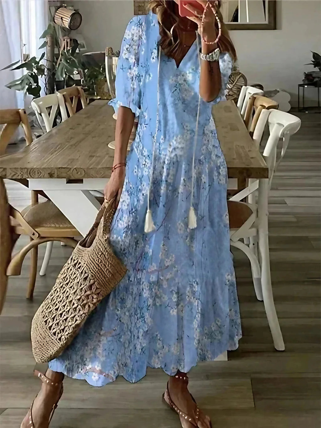 Robe longue fluide femme, ligne A et col V, huit coloris, bleu clair