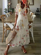 Robe longue fluide femme, ligne A et col V, huit coloris, rose