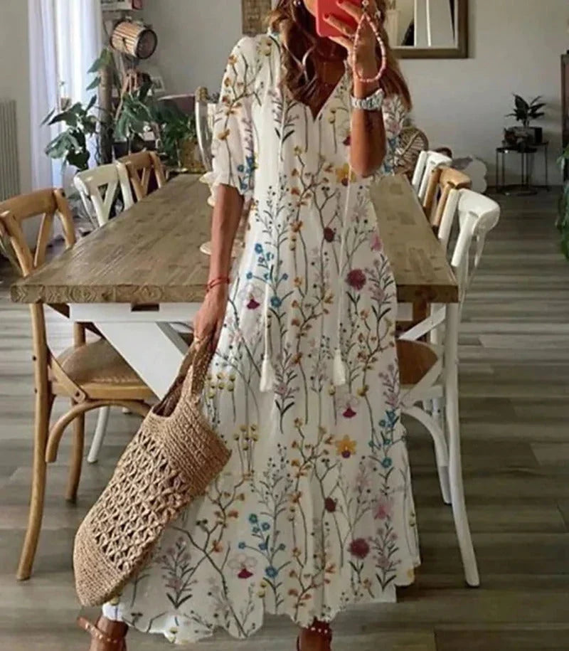 Robe longue fluide femme, ligne A et col V, huit coloris