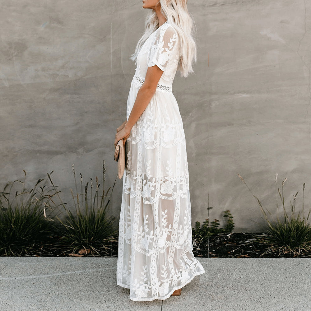 Robe longue d'été femme col V, coupe fluide, blanche ou noire