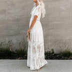 Robe longue d'été femme col V, coupe fluide, blanche ou noire