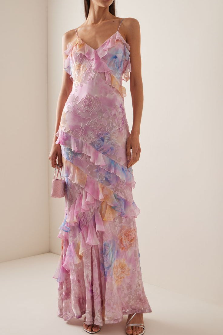 Robe longue fleurie col V à volants, dos décolleté
