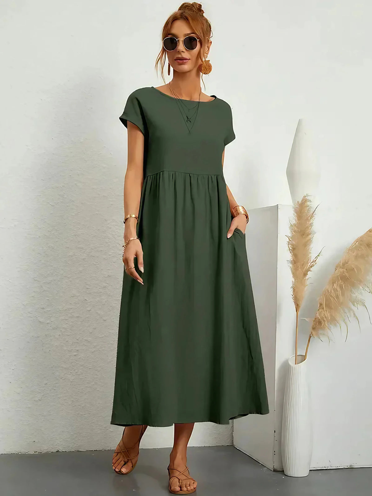 Robe longue femme fluide pour l'été, onze coloris, vert foncé