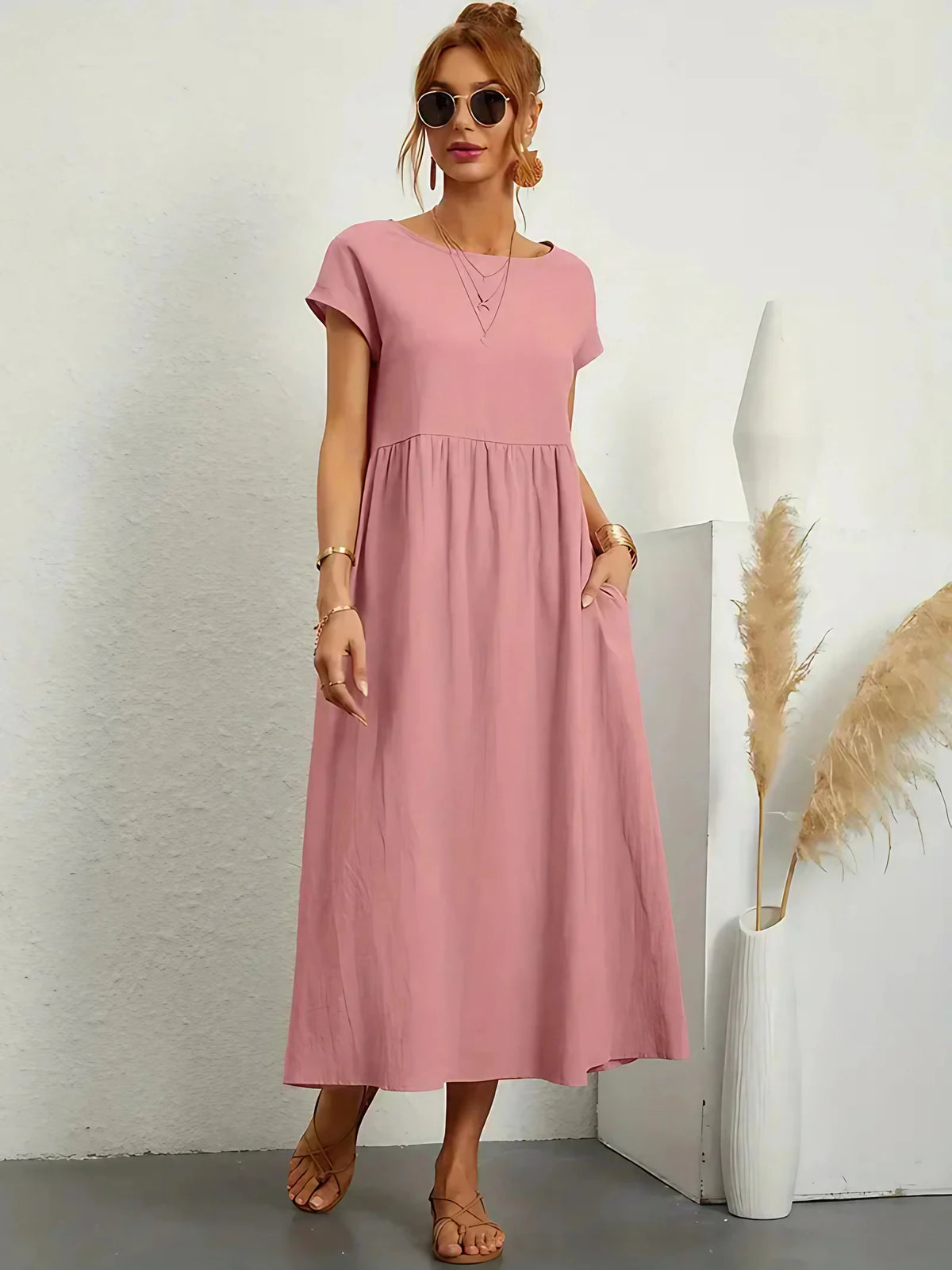 Robe longue femme fluide pour l'été, onze coloris, rose