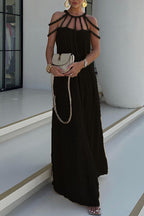 Robe longue noire ou dorée, décolleté et épaules tressés, noir