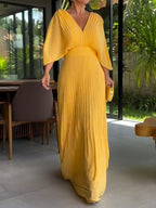 Robe longue plissée femme, taille cintrée, manches larges, jaune