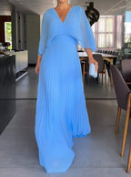 Robe longue plissée femme, taille cintrée, manches larges, bleu clair