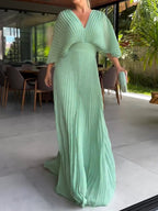 Robe longue plissée femme, taille cintrée, manches larges, vert