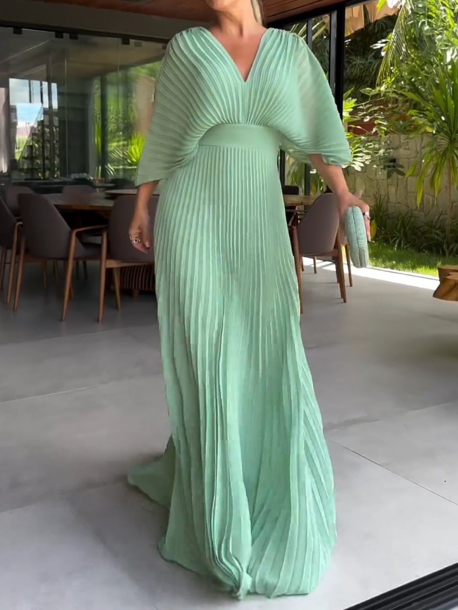 Robe longue plissée femme, taille cintrée, manches larges, vert