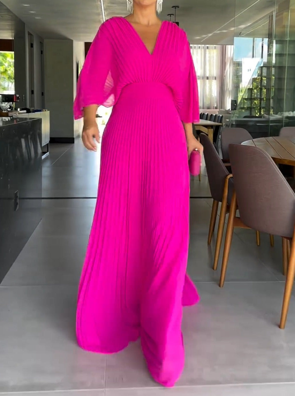 Robe longue plissée femme, taille cintrée, manches larges, rose