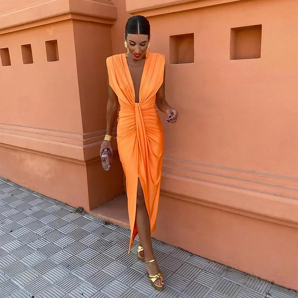 Robe longue plissée femme, coupe ample, trois coloris, orange